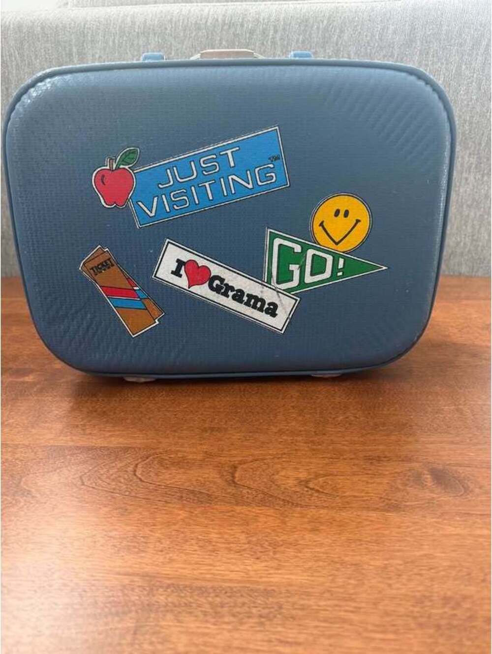 Vintage Going to Grandmas Blue Suitcase